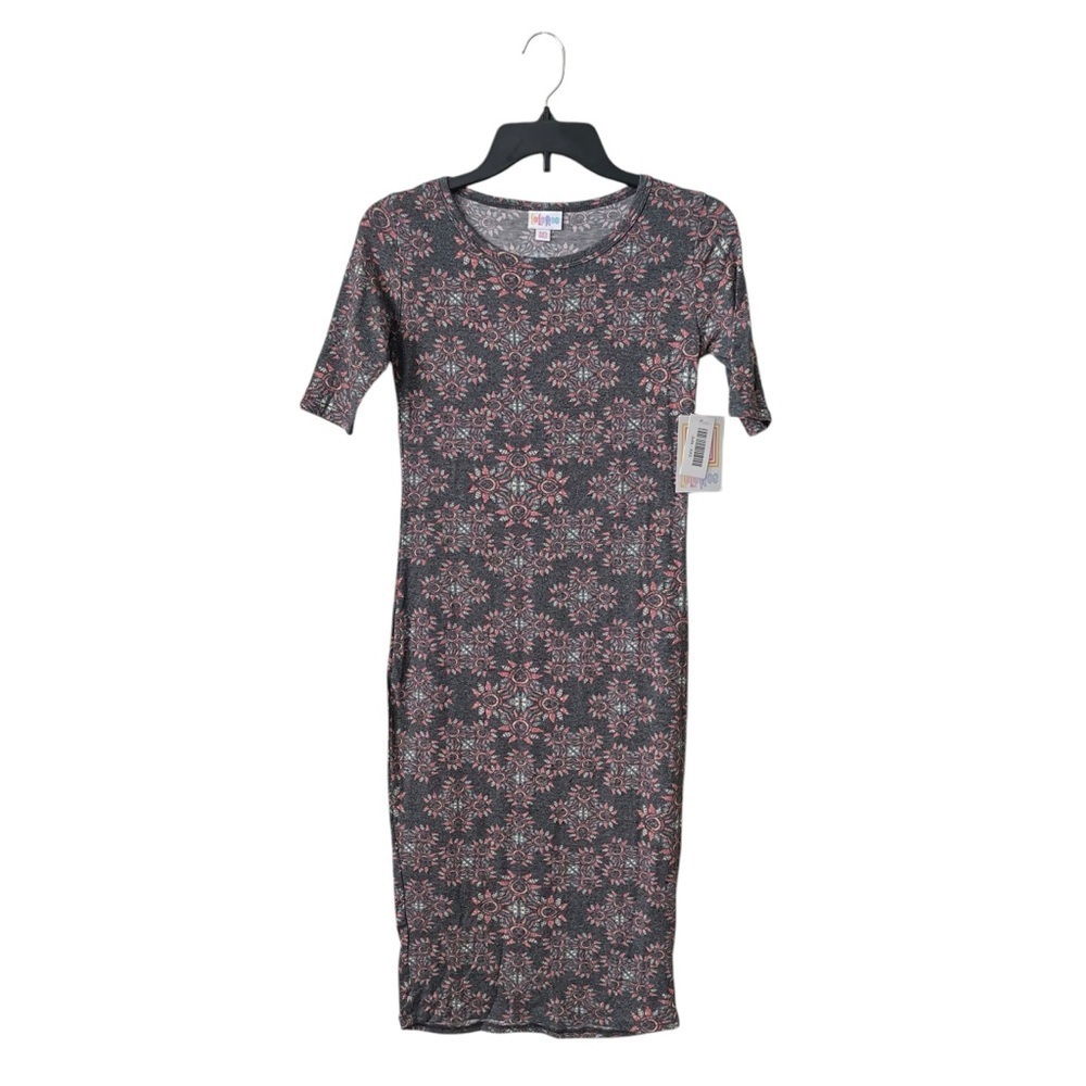 NWT LuLaRoe Julia Dress Womens Size XXS Gray Sunburst Print Bodycon Short Sleeve